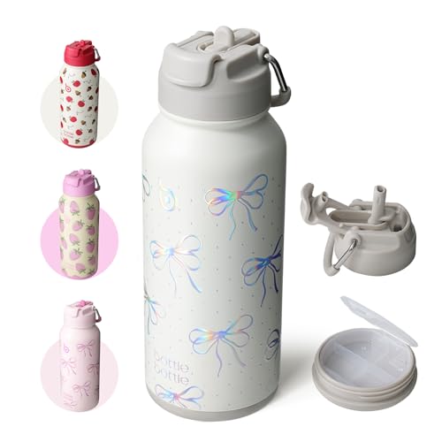 BOTTLE BOTTLE Edelstahl Trinkflasche 1L mit Strohhalm - Auslaufsichere Isolierflasche für Sport & Fitnessstudio mit Pillenfach BPA-frei doppelwandig (Glitzer-Schleife)