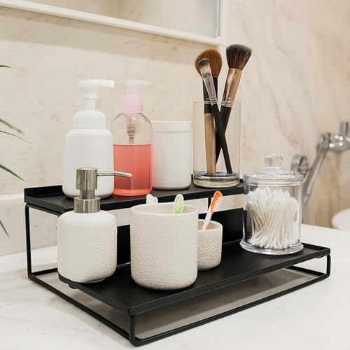 Image of Amazon Brand - Umi 2-Tier Step Standing Rack Spice Bottle Stand Utensil Holder Food Storage Organizer for Cabinet Cupboard Pantry Shelf Bathroom Organizer (Black, Pack of 1)