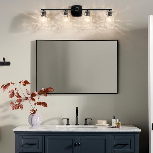 Image of Kichler Marant 4-Light Bathroom Vanity Light Fixture with Clear Water Glass in Black, Modern Wall Mount Over Mirror Lighting for Powder Room (33.25 inch x 9.5 inch x 6.75 inch), 55217BKWTR