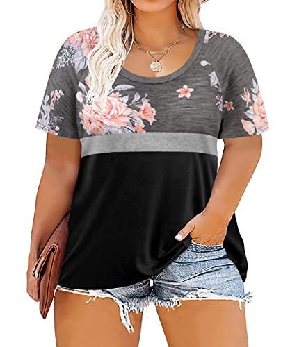Tiyomi Plus Size Shirts Women Short Sleeve Round Neck Colorblock Color Block Tops Pink Floral Flower Print Tunic Summer Spring Gray Light Grey Black 2Xl #TOP14