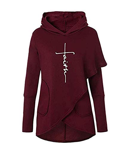 Women Casual Long Sleeve Faith Letter Printed Hoodie Sweatshirt with Pockets (L, Wine Red)