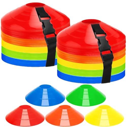 LOPYXBR 100 Stück Hütchen Fussball, 5 Farben Markierungshütchen Fussball Hütchen Set mit Gurt, Runde Trainingshütchen Hütchen Fussball Trainingskegel für Fußball und Leichtathletik