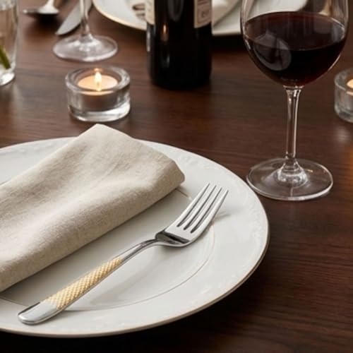 Image of Sterling Silver with Golden Handle French Style Silverware | 5-Piece Hammered Dinner Fork Set | 18 /10 Stainless Steel Flatware | Durable & Elegant Cutlery for Home, Restaurants & Gifting