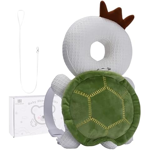 Bebamour Baby Walkers Head Protector Toddler Adjustable Baby Safety Pad Backpack Wear for Crawling with Safety Leash (White, Tortoise) Cover