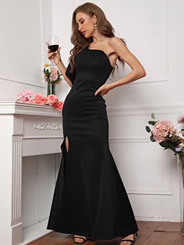 Women's Sexy Elegant Sleeveless Bow One Shoulder High Split Party Long Formal Dress Black Medium #TOP2