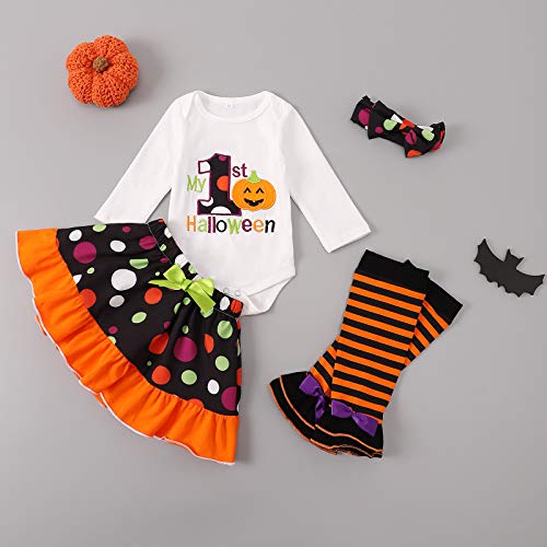 Halloween Pumpkin Clothes Baby Girl Dress Funny Toddler Long Sleeve Skirt Outfits Set (White, 6-9 Months)