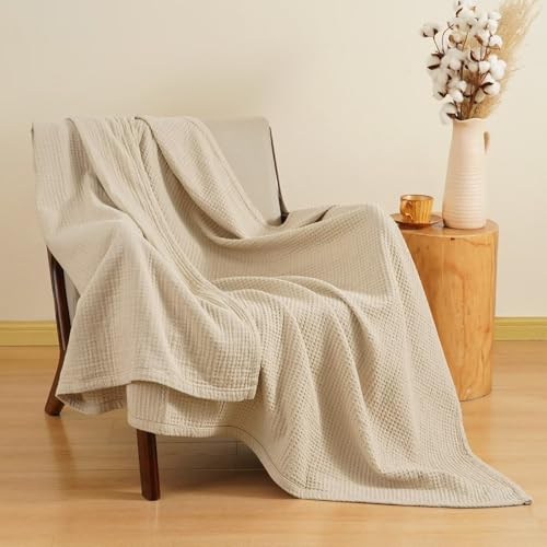 PHF 100% Cotton Waffle Muslin Throw Blanket Large 50' x 70', Lightweight and Breathable Washed...