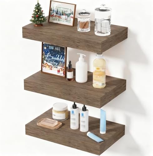 Floating Shelves for Wall, Bathroom Shelves Over Toilet, Wall Shelves & Book Shelf for Room, Hanging Shelf, Modern Wooden Mounted Floating Shelves, 12x7x1.5 in (Smoke Gray, Set of 3)