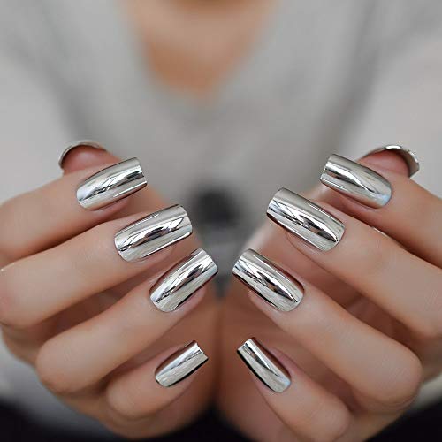 Coolnail L5093 Shiny Silver Metallic Long False Nail Tips Punk Metal Plating Mirror Fake Nails Artificial Manicure Press thumb #2