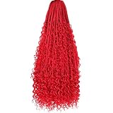 Beverlee 24 Inch Boho Box Braids 8 Packs Goddess Box Braids Crochet Hair Bohemian Hippie Braids Braiding Hair Box Braids with Curly Ends Messy Pre-looped Synthetic Crochet Hair for Women RED#