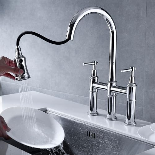 Robinet de cuisine Bridge pour évier central, douchette rétractable et double commande - 6