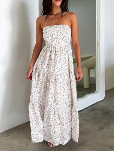 Image of Women Floral Print Maxi Tube Dress Strapless Flowy Long Bandeau Dress Y2K Open Back Sundress Summer Beachwear