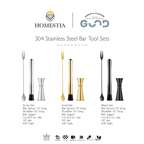 Homestia Stainless Steel Muddler For Cocktails, 3 Pcs Bar Tools: 10" Drink Muddler, 12" Cocktail Spoon, 1 Oz 2 Oz Jigger, Black Mixing Tools For Drinks, Mini Home Bar Tool Set For Alcohol Beverages #TOP6