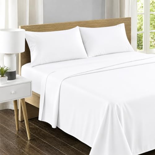 Image of Feather & Stitch 500 TC Split King Size Sheet Set, 5 piece Bed Sheets Set-2 Twin Fitted Sheet, 1 King Flat Sheet & 2 King Pillowcases, 18 inch Deep Pockets Sateen Weave Solid Bedsheet - (Solid White)