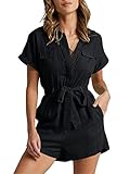 MIRACMODA Women Playsuit Short Sewn Cuffed Sleeves Collared Belted Pocketed Button Up Cotton Rompers