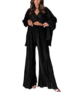 ARTFREE 2 Piece Outfits for Women Loungewear Set Loose Pleated Long Sleeve Button Down Shirt and ...