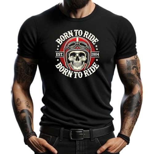 Camiseta Negra Born to Ride con Calavera y Casco de Motociclista - Estilo Vintage, 100% Algodón, Ideal para Motociclistas y Amantes de la Velocidad (FR/ES, Letras, XXL, Regular, Regular, Negro)