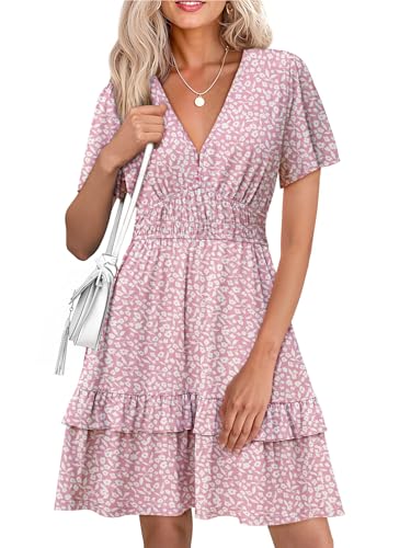 Simplee Womens Floral Short Summer Dress - Empire Waist A Line Flutter Sleeve V Neck Boho Mini Dresses with Pockets
