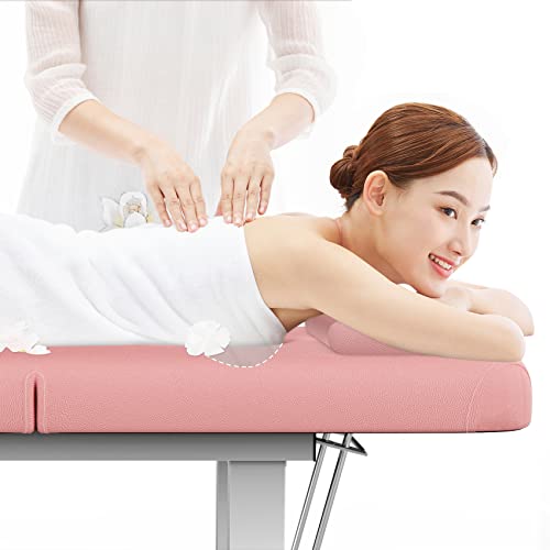 Image of Pink Wide Stationary Massage Table with Backrest for Treatment Table Physical Therapy Table Spa Facial Bed, Metal Frame PU Leather 31.5'' Wide 75'' Long Heavy Duty Professional Stationary Massage Bed