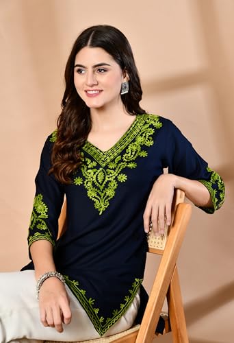 Image of LIBOZA Embroidered Kashmiri Tunic Top, Short Kurti for Women on Jeans, V-Neck, 3 /4 Sleeve, Floral Design,