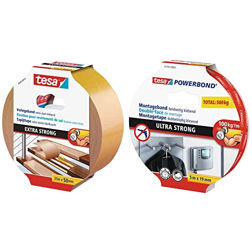 tesa Verlegeband extra stark klebend - doppelseitig klebend - 25mx50mm & Powerbond ULTRA STRONG - Doppelseitiges, extra starkes Montageband zur permanenten Befestigung im Außen- und Innenbereich - 5m