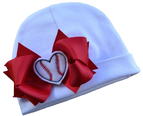 Baseball Bow Cotton Baby Hat with Embroidered Baseball Heart Fits Babies 0-6 Months White