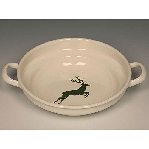 Riess, 0219-072, Bauernschüssel flach 24 2,00 L, COUNTRY - HIRSCH GRÜN, Durchmessser 24 cm, Höhe 6,5 cm, Inhalt 2 Liter, Emaille, Farmerschüssel, beige mit grünem Hirsch, Induktion
