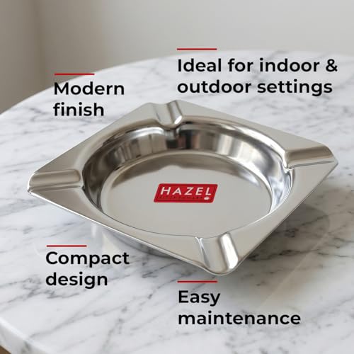 Image of HAZEL Square Stainless Steel Ash Tray | Heavy Duty Smoke Ashtray with 4 Cigarette Holders | Compact 10.7 cm Metal Ashtray for Home, Office & Outdoor Use
