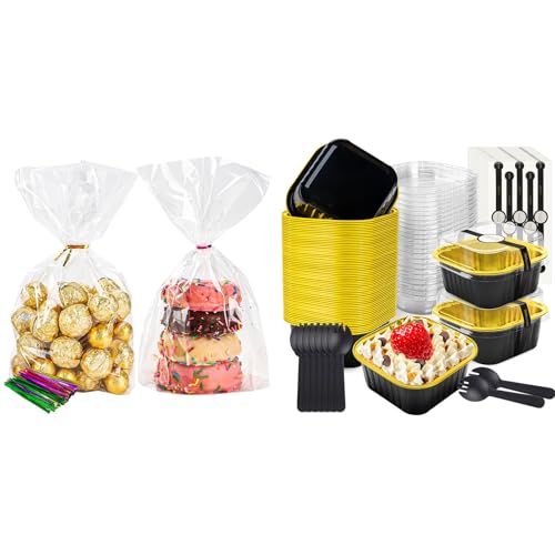 NPLUX Bundle of 100 Pack Cellophane Bags and 50 Pcs Mini Square Baking Cups for Candy Popcorn Cookie