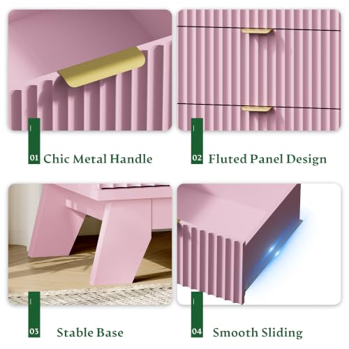 Image of Xixini Fluted Nightstand with Charging Station, Tall Bedside Table, Pink