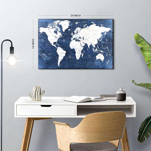 Image of World Map Canvas Wall Art Office Wall Decor Modern Vintage Maps Picture Prints for Living Room Bedroom Navy Blue Retro Map of the World Painting Poster Artwork Framed Home Decorations 16x24 inch Gifts