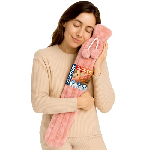 2-Liter Lange Wärmflasche – Rosa Wärmflasche mit Bezug, Plüsch-Wärmekissen für Regelbeschwerden, Nacken- und Schulterschmerzen, für Kinder,...