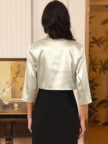 Women's Open Front Shrugs 3/4 Sleeve Beaded Trim Wedding Guest Cocktail Crop Satin Bolero4