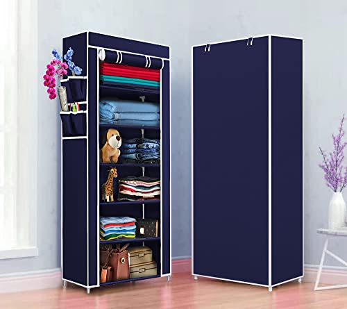 Image of COROID Digital Printed Multipurpose 6 Shelve Wardrobe,Foldable,Collapsible Fabric Wardrobe Organizer for Clothes Drawers Portable Wardrobe Clothing Space Saving Wardrobe (6-Layer, NavyBlue)