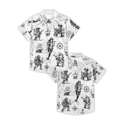 Image of THE PIRATE KING Funny Pirate Hawaiian Shirt Boys Girls Beach Tropical Casual Short Sleeve Button Down Shirt for 5-14 Years