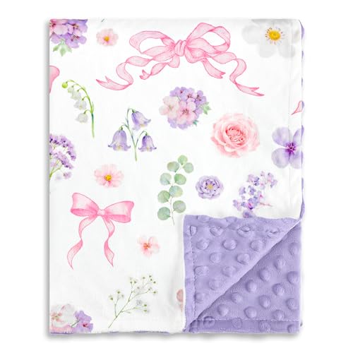 Image of Pea Pod Baby Girls Blanket Soft Floral Minky Blanket for Newborn, 30'' x 40'' Double Layer Design, Dotted Backing Breathable Bows Baby Quilt Crib Blanket for Nursery /Stroller /Toddler Bed /Baby Car Seat