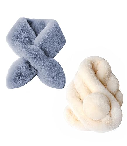 Rayson Bufanda Invierno de Pelo Sintético Mujer Bufanda de piel sintética 2 piezas Cálido Bufanda de Cuello de Piel Braga Para Cuello de Pelo Chal Cuello de Piel Sintética,beige+gris