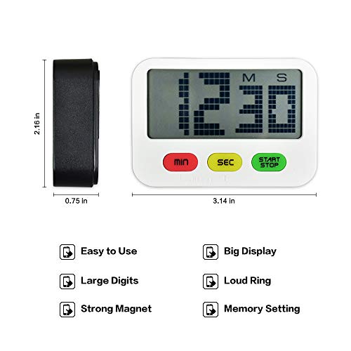 U-Trak 2 Pack Digital Kitchen Timer Simple Cooking Timer Count Up/Countdown Functions, Large LCD Display, Strong Magnet Back&Hidden Stand For Cooking Baking Workout Pilates Yoga Black and White