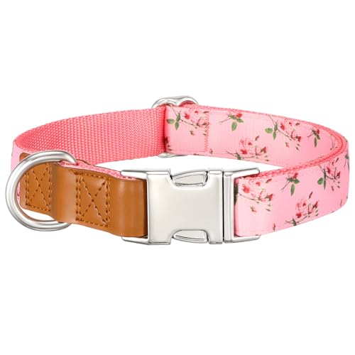 WHIPPY Floral Dog Collar with Quickly Release Metal Buckle Adjustable Cute Pink Rose Collars for Large Medium Small Breeds