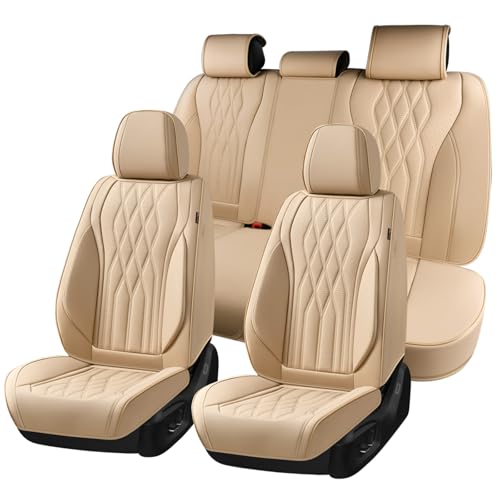 Image of Coverado Seat Covers FullSet, 5 Seats Car Seat Protector, Waterproof Nappa Leather Cushion, Front & Rear Fit for Most Sedans SUV Pick-up Truck-Beige