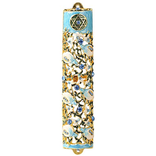 Matashi 6" Hand Painted Enamel Mezuzah Embellished with a Ivy and Flowers Design with Gold Accents Blue Crystals
