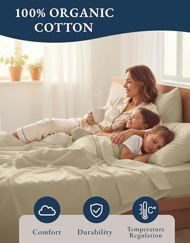 Image of LANE LINEN 100% Organic Cotton Fully Elasticized California King Sheet Set, Low Pilling Fade Resistant Machine Washable Naturally Cooling Cal King Bedding Set, Soft & Comfy Cotton Sheets - Linen