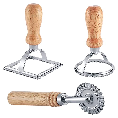 PPcdfre 3 cortadores para raviolis con juego de ruedas de rodillo, molde con mango de madera para pasta, albóndigas, lasaña, pasteles