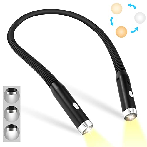 URAQT Luz de Lectura Cuello, Lampara Libro de Lectura Recargable, 3 Colores y 3 Niveles de Brillo Ajustables, Lampara Lectura Flexible Diseño Ergonomico para Leer Nocturna, Tejer, Reparar, Acampar