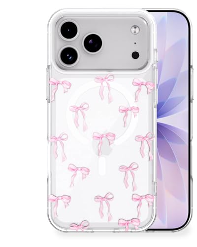Feams for iPhone 18 Pro/17 Pro Case [Compatible with Magsafe] Slim Shockproof Protective Clear Phone Cover for iPhone 18 Pro/17 Pro 6.3" Women Girls, Pink Bow