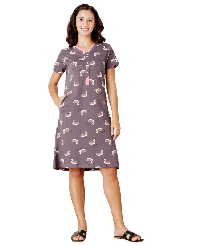 bodycare Women’s Nightdress | Multicolor Cotton Nighty | Knee-Length, Short Sleeves, Relaxed Fit, with Pockets | Combed Cotton Fabric-picture-24
