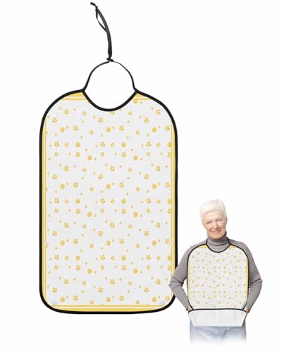LEOKOTI Yellow Star Adult Bibs for Eating, Waterproof Bibs with Food Catcher & Adjustable Snap Closure, Watercolor Yellow Polka Dots Washable Clothing Protectors Adult Bibs for Elderly Women/Men