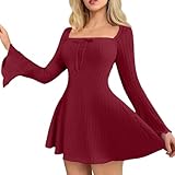 Strickkleid Damen Elegant Langarm Winterkleid Damen Kurz A Linie Curvy Strick Pulloverkleid Winter Quadratischer Kragen Frühlingskleid Geripptes Kleider Mini Schick Herbstkleid Trompetenärmel