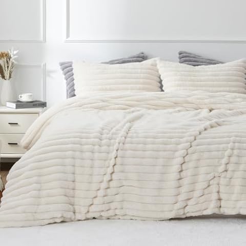 A Nice Night Stripes Fleece Queen Comforter Set -Super Soft & Warm Fluffy Bedding, Faux Fur Luxury Fuzzy Heavy Bed Set for Winter,White Cover