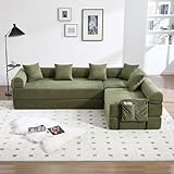 Convertible Folding Sofa Bed, L Shaped Modular Sectional Couchs, Cloud Corduroy Boneless Couch Bed, Folding Mattress Sofa, Memory Foam Sleeper Couch for Living Room, No Assembly Required,Olive Green